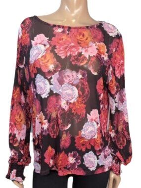 💠 George Sheer Pink Floral Blouse Womens Size XXL Long Sleeve Boat Neck Top